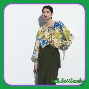 🙌 Zara Printed Green and Blue Blouse With Drawstring SIZE M NWT
